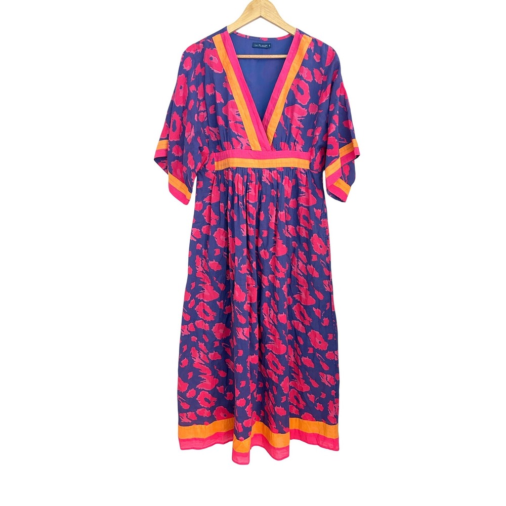 La Plage Leopard Surf Vintage Kaftan Cotton Midi Dress Pink Purple Orange Small - Picture 2 of 8